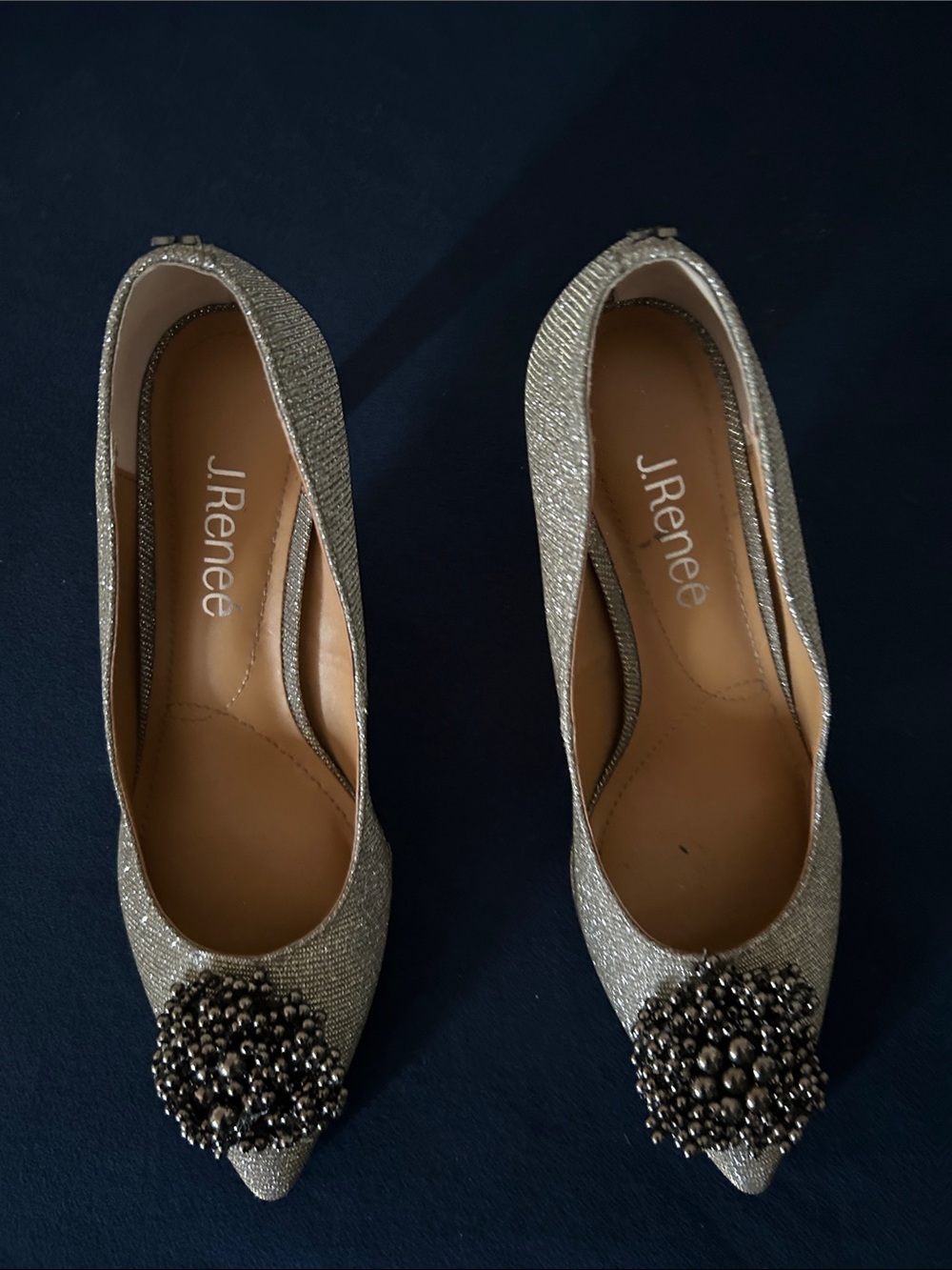 J.Renee Silver Pointed-Toe Heels with Beaded Brooch